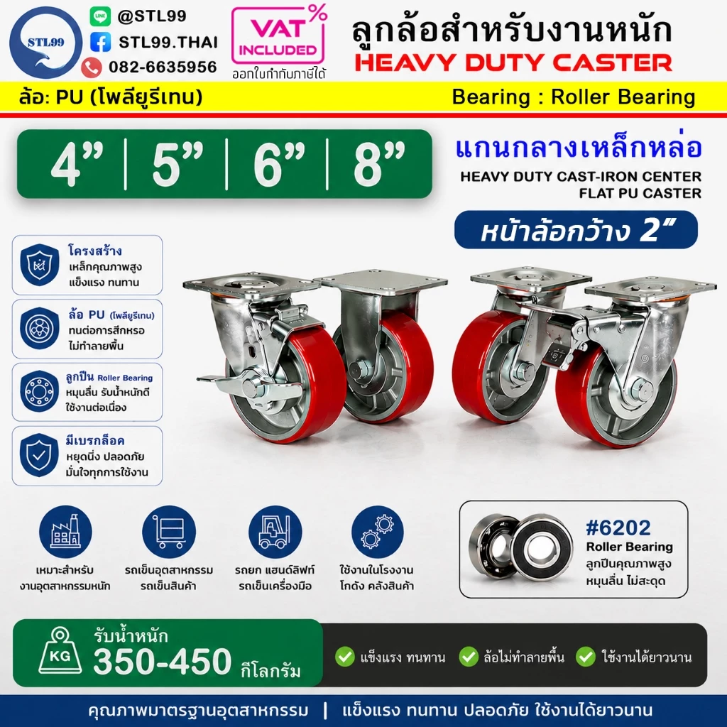 STL99 ล้อรถเข็น ล้อโพลียูริเทน 4" 5" 6" 8" ล้อPU เหมาะสำหรับงานอุตสาหกรรมหนัก ล้อรถเข็นของ ล้อเลื่อน เงียบและทนทาน