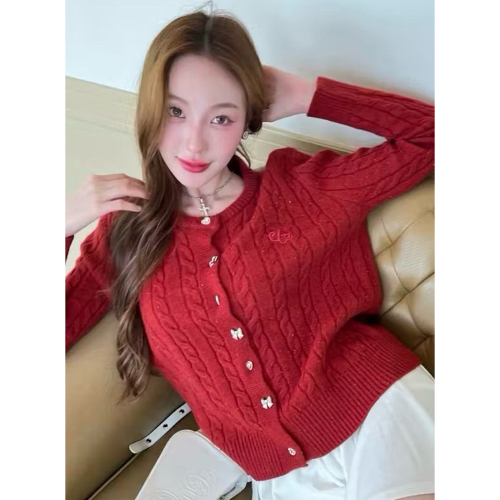 Used like new🌟 Cardigan cintage สีแดงเลือดหมูน่ารัก