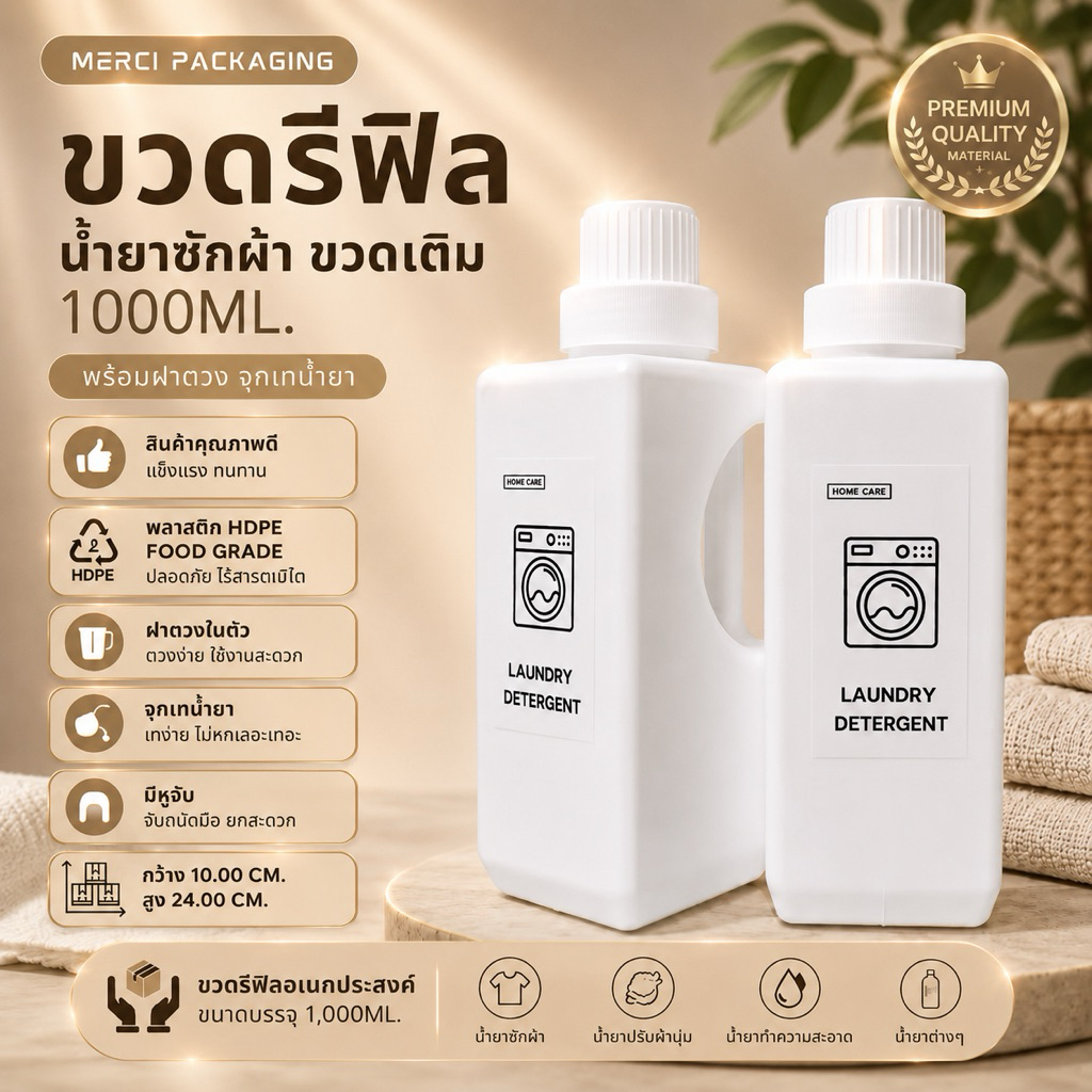 ขวดรีฟิลน้ำยาซักผ้า 1000ML พร้อมฝาตวงและจุกเท HDPE Food Grade ขวดมีหูจับ กันรั่ว (ขวดมินิมอลเหลี่ยม) A40