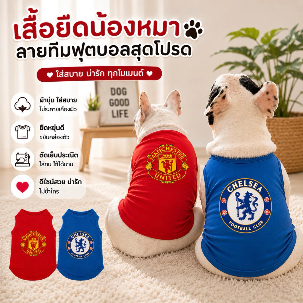 🇹🇭พร้อมส่ง🇹🇭 เสื้อหมาทีมฟุตบอล เสื้อแมวทีมโปรด แบบแขนกุด เนื้อผ้าคอตตอน 100% นิ่ม ใส่สบาย