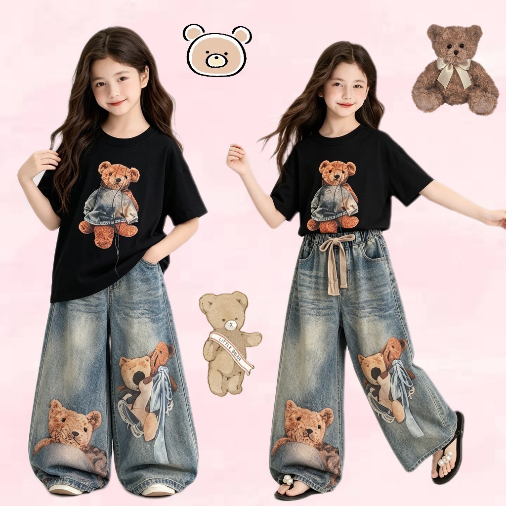 BB279 ชุดเด็กผู้หญิงแฟชั่นเกาหลี เสื้อดำลายหมี + กางเกงยีนส์ขายาว