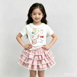MC282 เซ็ตเสื้อยืดเด็กผู้หญิง + กระโปรงฟูฟ่อง ลูกไม้หวานๆ