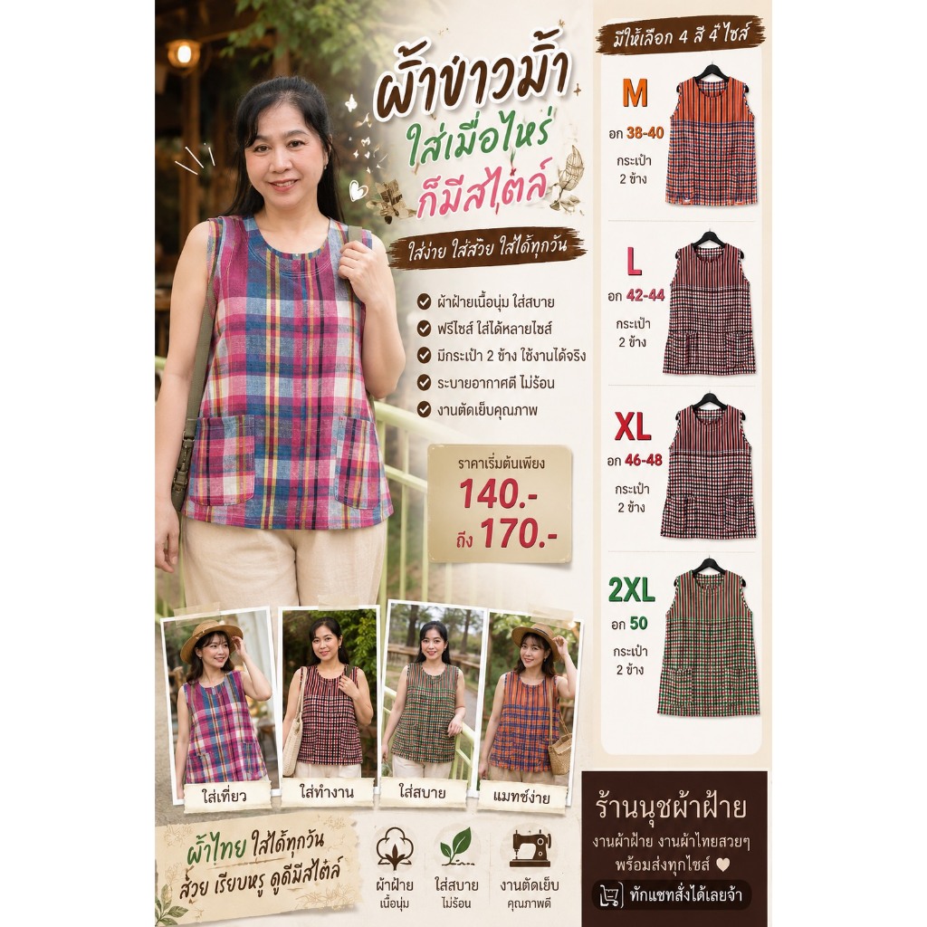 เสื้อคอแขนกุดผ้าขาวม้าผ้าฝ้าย  อก 38( S ) , อก 40 (M) ,อก 42(L), อก 44 ( XL)