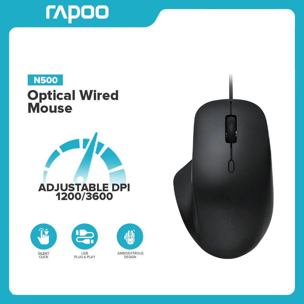 Rapoo N500 Optical Mouse เมาส์มีสาย ปรับ DPI ได้สูงสุด 3600 เมาส์ 6 ปุ่ม Ergonomic Design