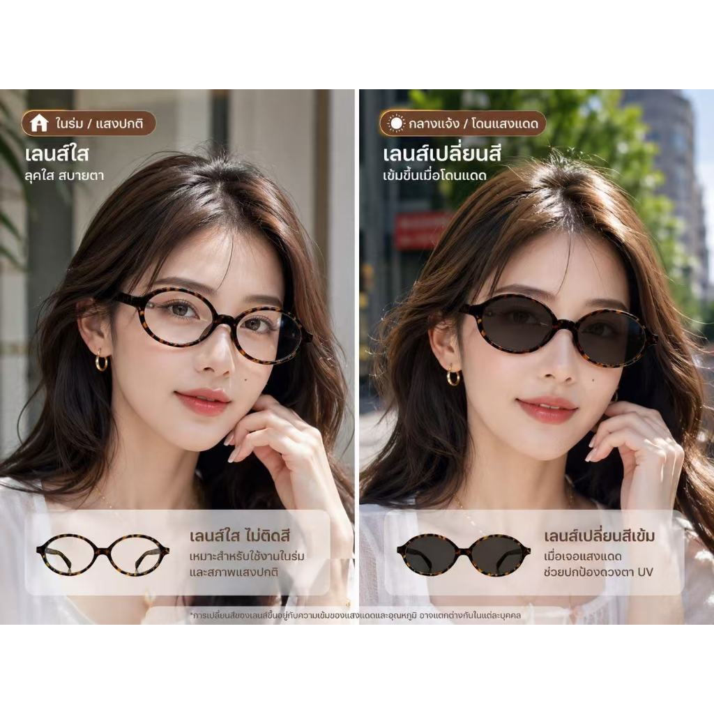 แว่นกรอบลายเต่ากระสไตล์วินเทจ เปลี่ยนสีตามแสง ป้องกันแสงสีน้ำเงิน+UV 2in1 สวมใส่สบายไม่กดจมูก ราคา ถูกที่สุด ดีลบีเคเค แกลเลอรีภาพที่ 2