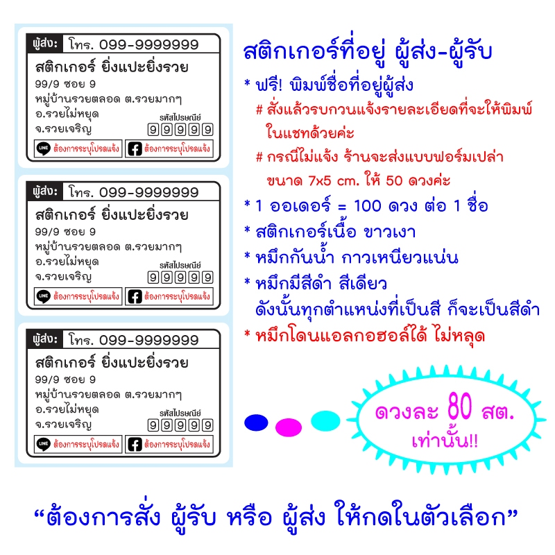 พิมพ์ชื่อผู้ส่งฟรี!! สติกเกอร์ผู้ส่ง ขนาด 6*4 ซม. 100 ดวง  สติกเกอร์ติดซอง ติดพัสดุ สติกเกอร์ที่อยู่