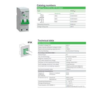Schneider RCBO 2P เมนเซอร์กิตเบรกเกอร์กันดูด รุ่น Easy9 Plug-On ขนาด 1P+N 10kA 40A 50A และ 63A 30mA รหัส EZ9D30650