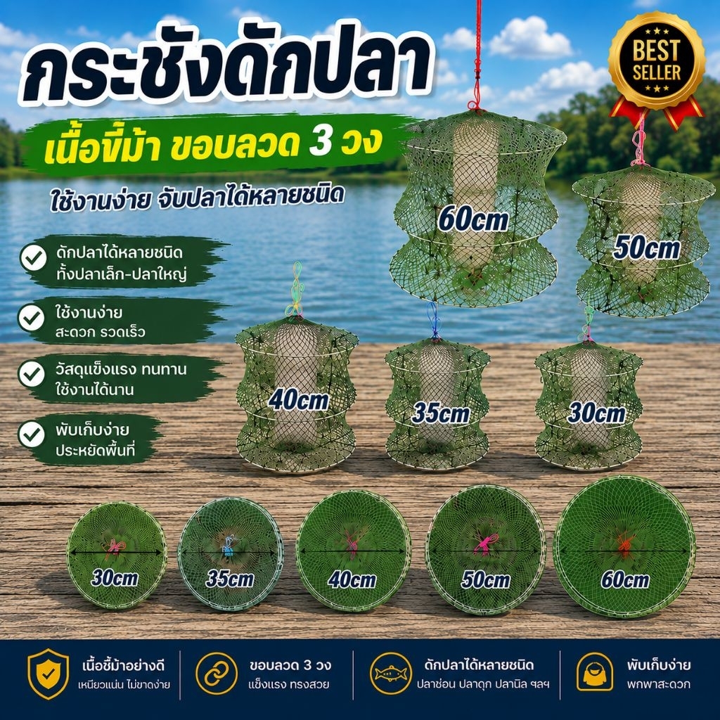 กระชังใส่ปลา เนื้อขี้ม้า  ขอบลวด 3วง หลายขนาดราคาถูก