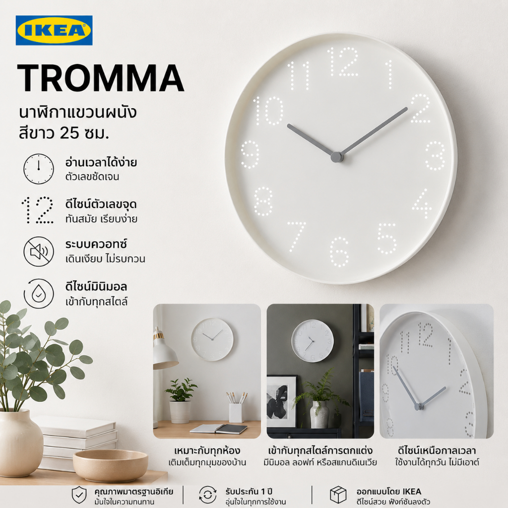 IKEA TROMMA นาฬิกาแขวนผนัง มินิมอล สีขาว 25 ซม. ดีไซน์เงียบ