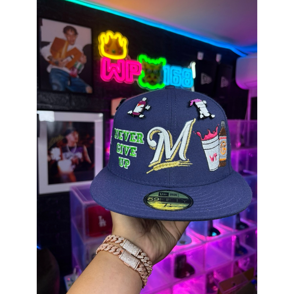 New Era Milwaukee Brewers 59FIFTY Cap Custom NEVER GIVE UP By Wp168_Cap🐍💚🌟🩸🫗🔥