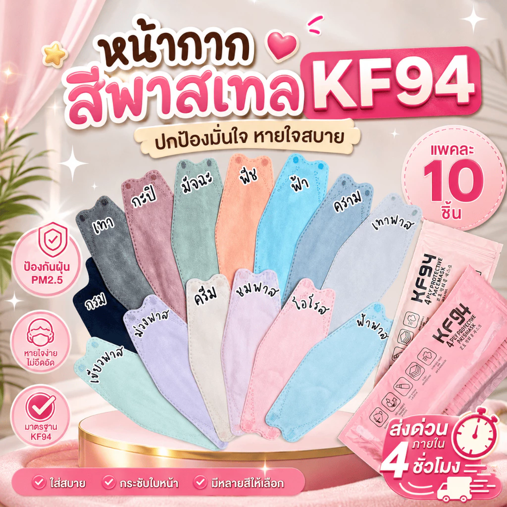 แมสเกาหลีผู้ใหญ่KF94/1แพคมี10ชิ้น (หูสี) พร้อมส่งทุกวัน