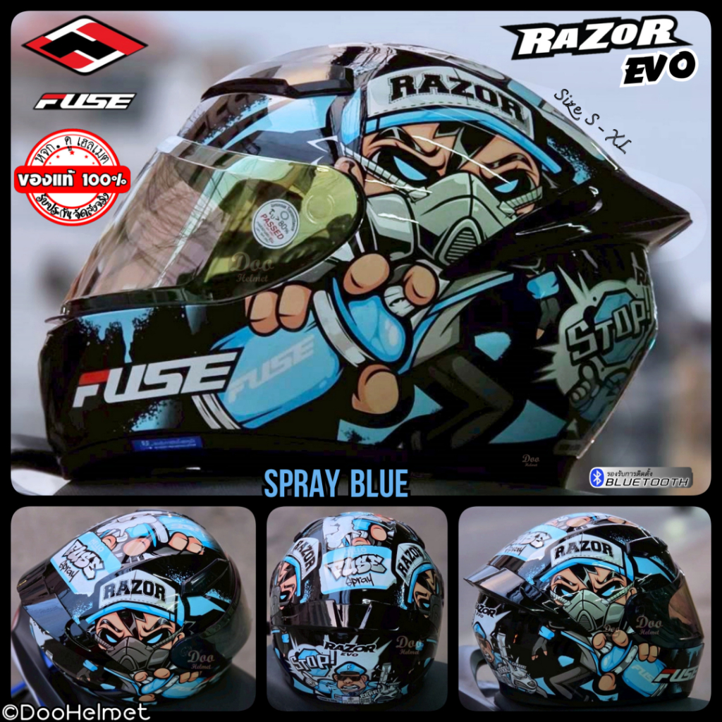 Spary Blue หมวกกันน็อค ทรงเต็มใบหุ้มคาง  FUSE รุ่น Razor Evo ถอดซักได้ รองรับบลูทูธ S-L