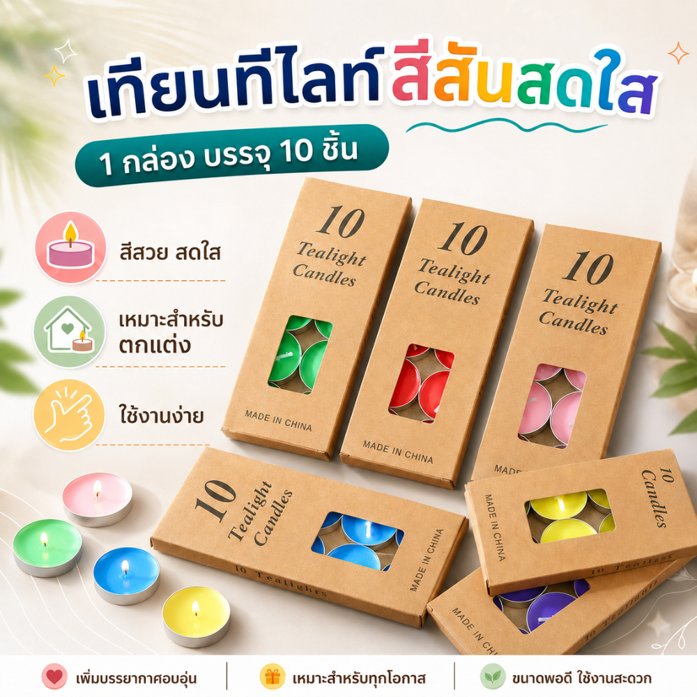 ส่งด่วน 🕯️ เทียนทีไลท์ 10 ชิ้น/กล่อง เทียน สีสันสดใส ไร้ควัน สร้างบรรยากาศสุดโรแมนติก ตกแต่งบ้าน จัดปาร์ตี้