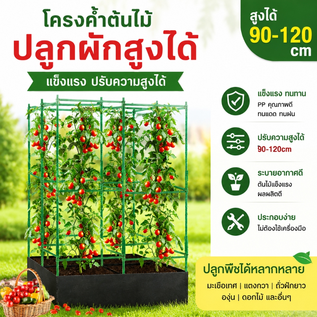 ชุดถุงปลูกทรงสี่เหลี่ยมพร้อมโครงค้ำมะเขือเทศ เหมาะสำหรับปลูกไม้เลื้อย แตงกวา พืชผัก ดอกไม้ และผลไม้ในสวน