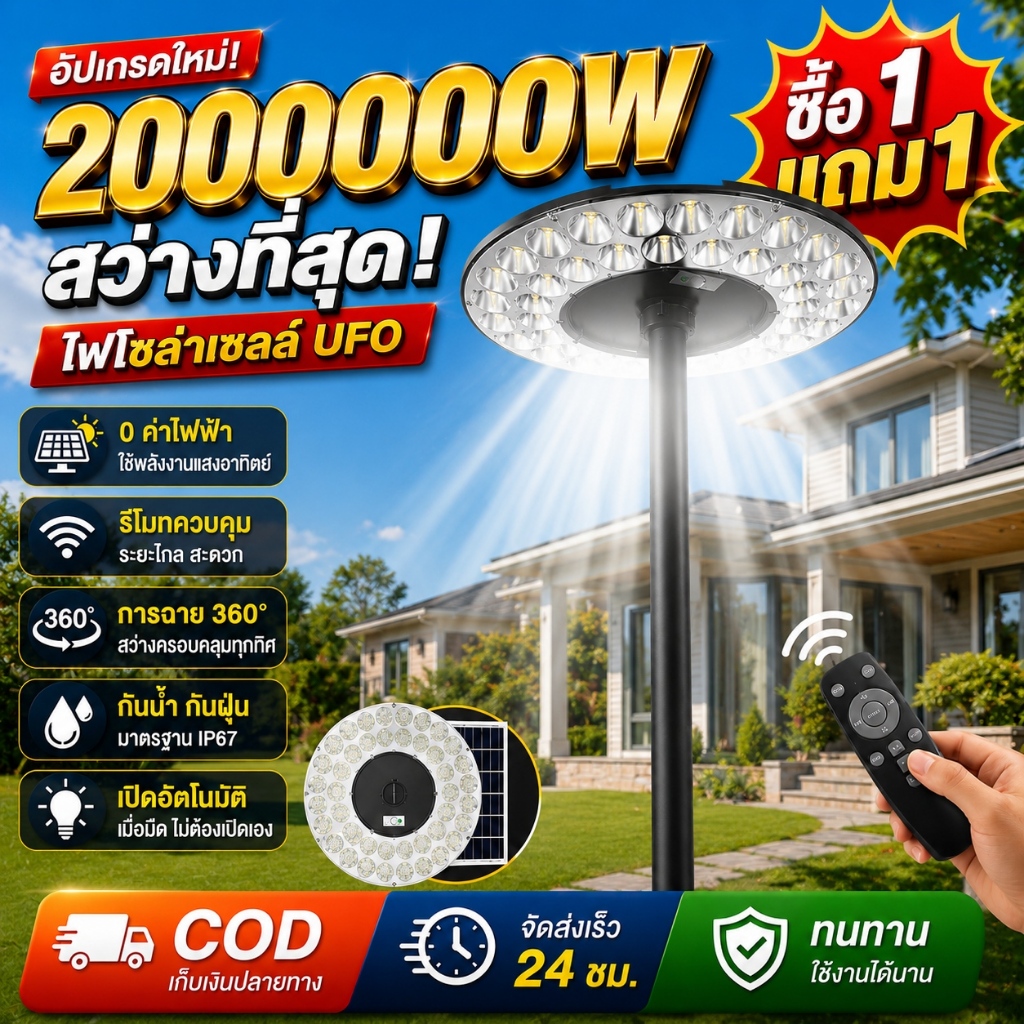 JD ไฟโซล่าเซลล์ ufo 2000000W ไฟถนนยูเอฟโอ Solar Light พลังงานแสงอาทิตย์ ไฟทรงกลม