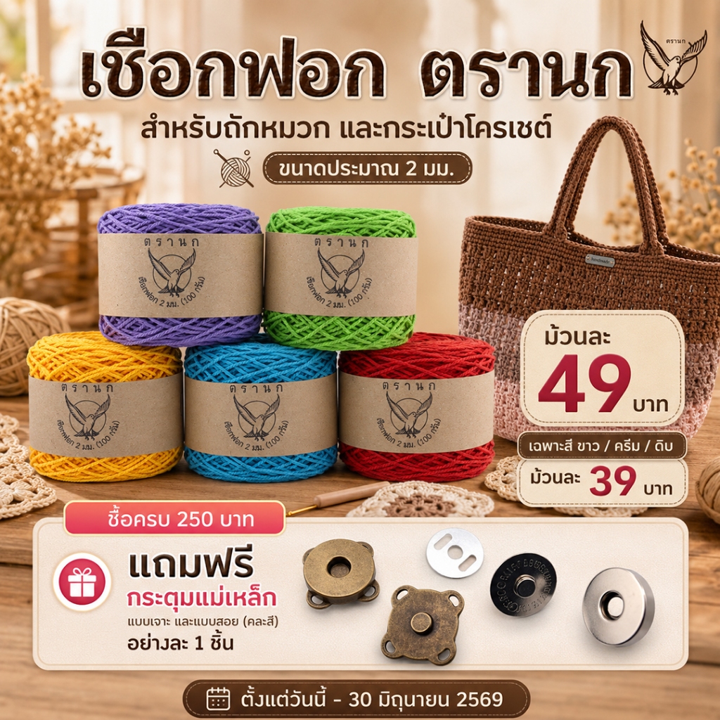 ซื้อ 250 บาท มีของเเถม | เชือกฟอก เบอร์ #12 สำหรับ ถักกระเป๋า ถักหมวก ขนาดประมาณ 2 มม. น้ำหนัก 100 กรัม