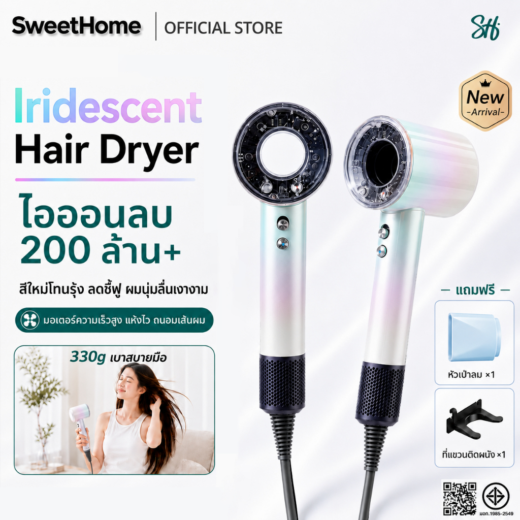 SweetHome ไดร์เป่าผมแรงลมสูง 110000 รอบ/นาที ไอออนลบ แห้งเร็ว ผมไม่ชี้ฟู สำหรับใช้ในบ้าน