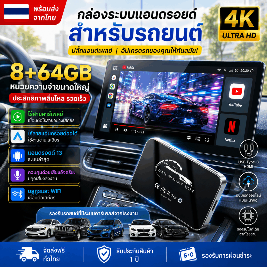 8+64GB CarPlay AI Box CarPlay Android 13 กล่องแอนดรอยด์รถยนต์ Wireless CarPlay Android Auto YouTube Netflix 4K HDMI WiFi