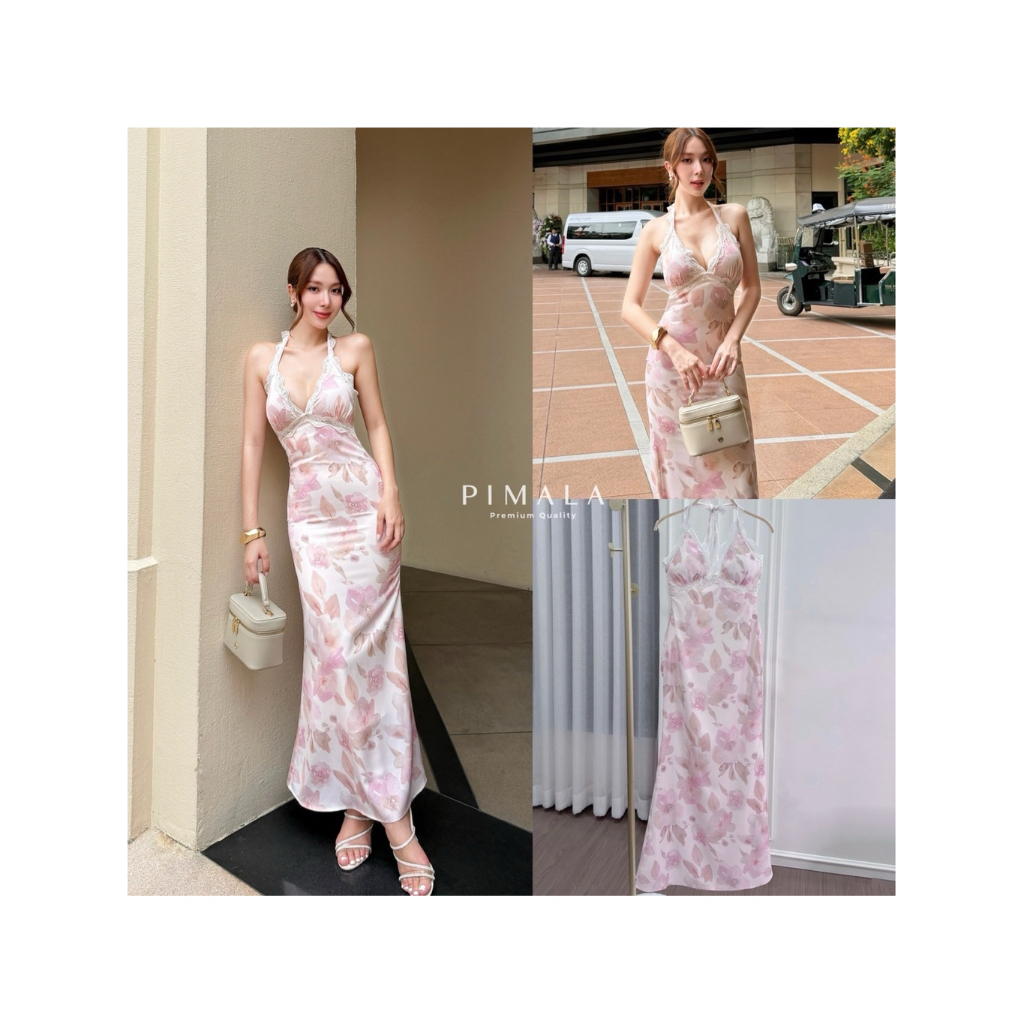 D10 มาเพิ่มแล้ว งานป้าย Pimala Dress เดรสยาวพิมพ์ลายแต่งสายคล้องคอ สำหรับผู้หญิง เสื้อผ้าแฟชั่นผู้หญิง ไซส์ Xs-L