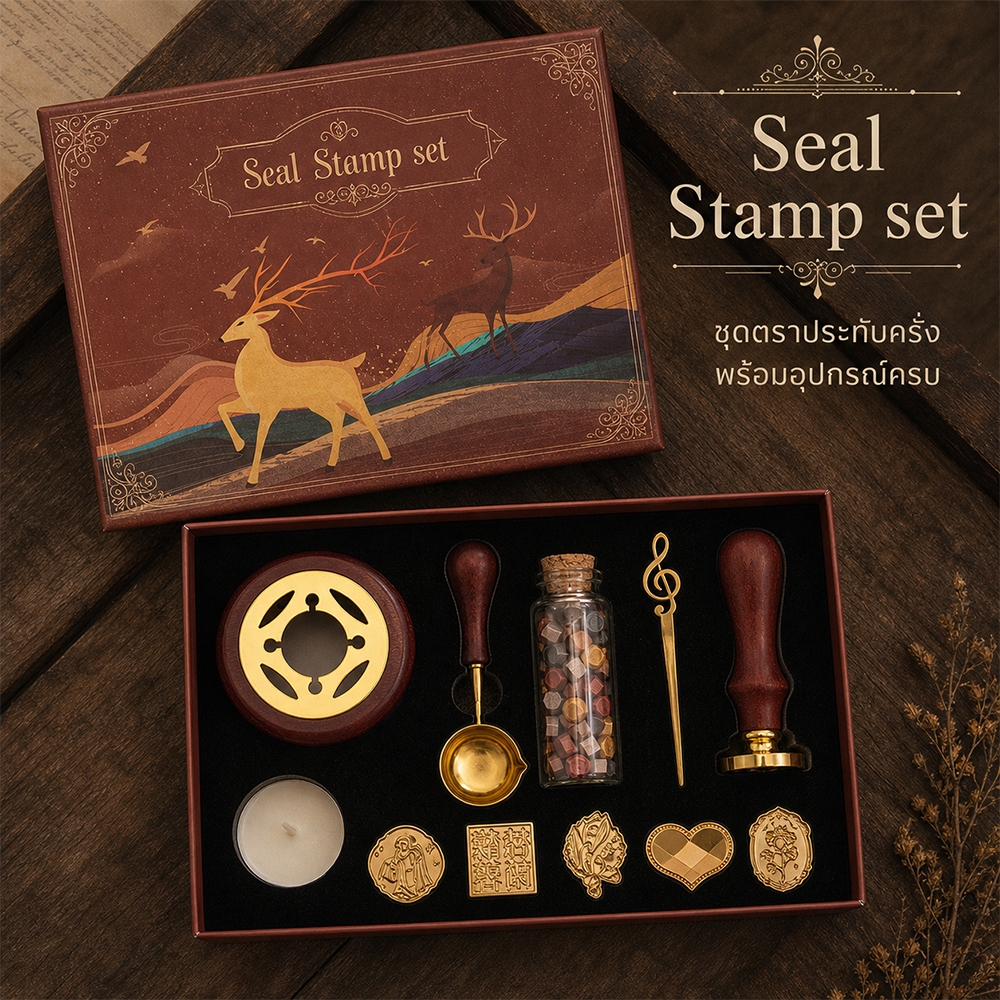 (ไทย)ชุดแสตมป์ครั่งวินเทจ พร้อมอุปกรณ์ ครั่งเม็ดหลากสี DIY Wax Seal Stamp Set อุปกรณ์ทำผนึกจดหมาย