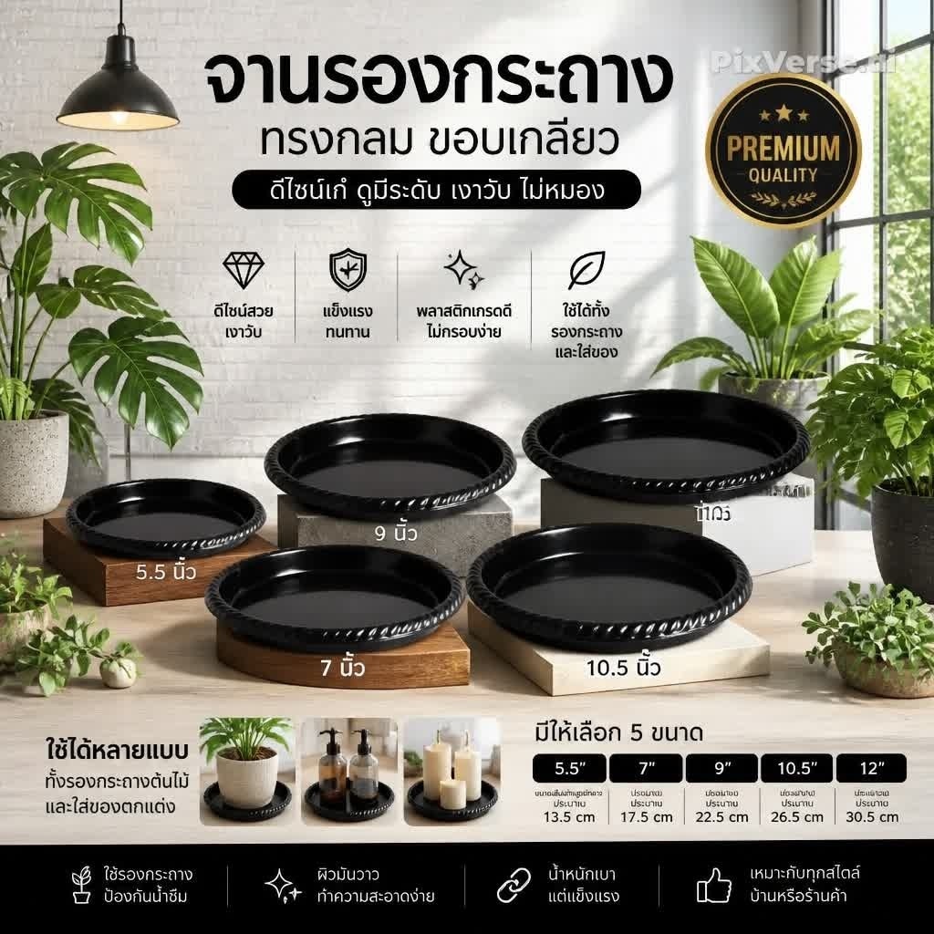 จานรองกระถางต้นไม้ จานรองพลาสติก ถาดใส่ภาชนะ ดีไซน์เก๋ ดูมีระดับ ดำเงา ไม่หมองให้เคืองสายตา มีหลายขนาดให้เลือก  [ สีดำ ]
