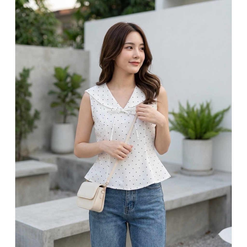 🇹🇭 ครอปลายจุดระบายชาย-Navy Ruffleใส่แล้วดูผอม เอวชัด พรางพุง 🔴ส่งไว🔴⚡ 👉เก็บโค้ดหน้ากิจกรรม โค้ดลด 30% สูงสุด 150.-
