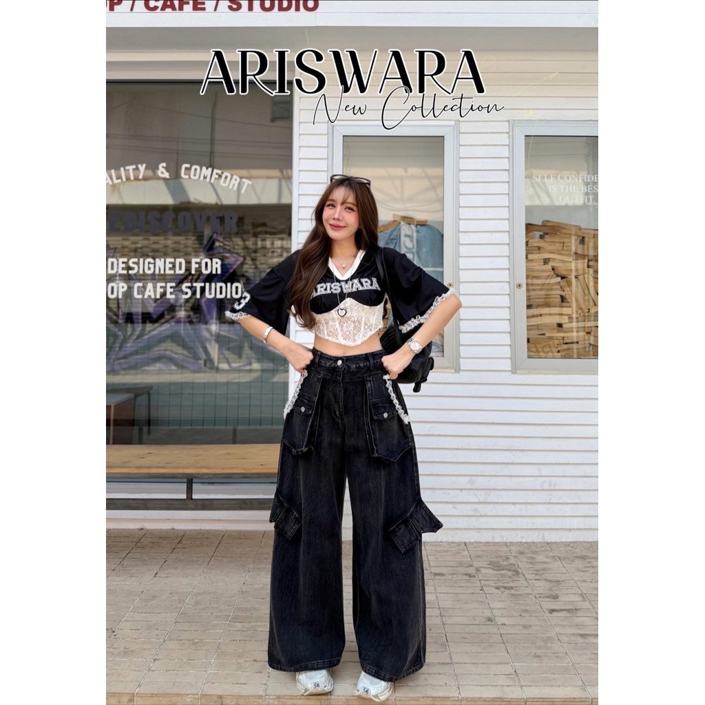 🖤เซต 2 ชิ้นเสื้อดำปักกางเกงยีนส์ยาวแต่งลูกไม้ป้ายร้าน L ก36 ยาว14เอว29-30สพ.-44ย.41📍สั่งแล้วห้ามยกเลิก📍