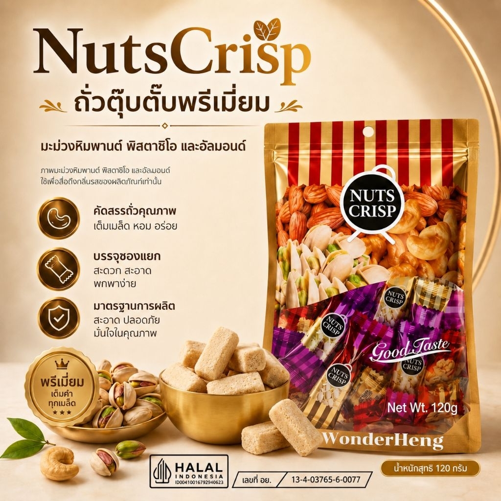Nuts Crisp ขนมถั่วตุ๊บตั๊บ ถั่วอัดแท่ง อัลมอนด์ พิสตาชิโอ เม็ดมะม่วงหิมพานต์ แคลอรี่ต่ำ 500 กรัม