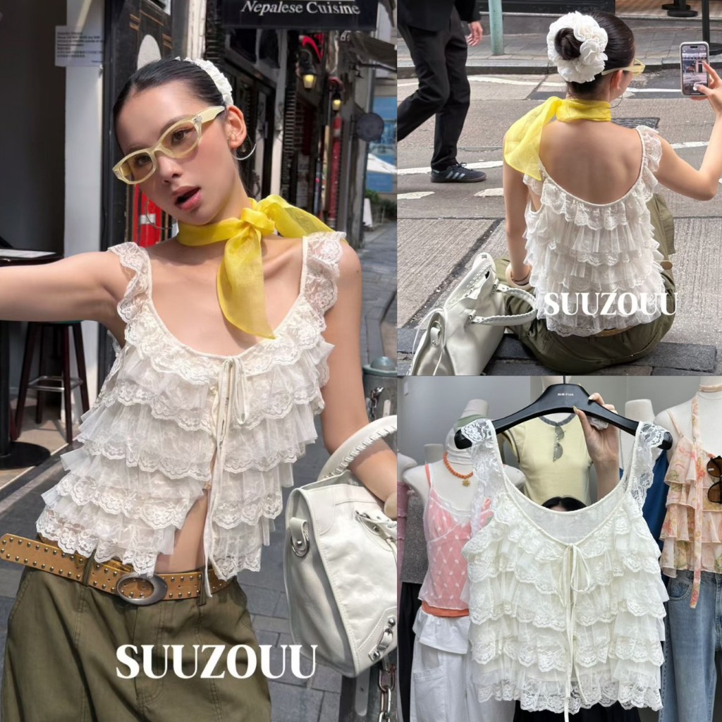 🧵🧡 🇰🇷 SU255 เสื้อสายเดี่ยว แต่งผ้าลูกไม้ เป็นชั้นๆทั้งตัว ช่วงกแต่งเชือกมัดโบว์ ผ้าดี แฟชั่นเกาหลี TAG MM Fish ✈