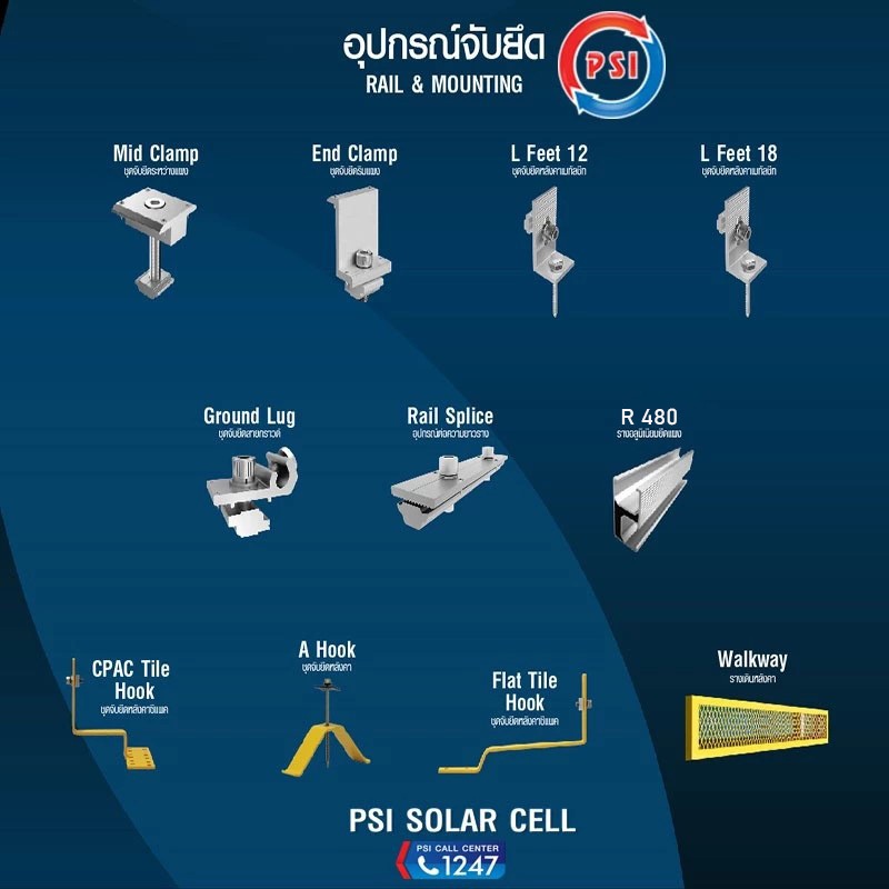 PSI โซล่าเซลล์ อุปกรณ์จับยึดแผงโซล่าเซลล์ บนหลังคา Rail & Mounting มีความแข็งแรง (แบบมีตัวเลือก)