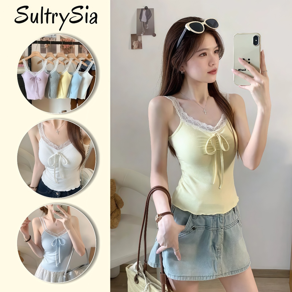 SultrySia เสื้อสายเดี่ยวลูกไม้แฟชั่นผู้หญิง ดีไซน์ผูกโบว์ เนื้อผ้านุ่ม เหมาะใส่เที่ยวทะเล มีหลายสี-FY6209
