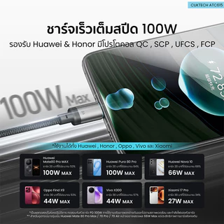 CUKTECH ATC615 6A 100W USB-A to C สายชาร์จ Huawei , Honor ไนลอนถัก ชาร์จเร็ว ความยาว 1.5 ม. -2Y