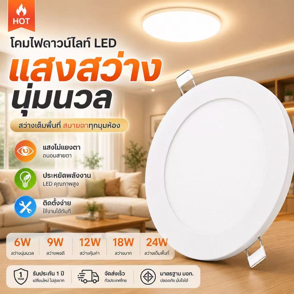 โคมฝังฝ้า  Panel Light LED 6W 9W 12W 18W 24W ทรงกลม  เหลี่ยม มีแสงขาว เปลี่ยน  โคมฝังฝ้าติดเพดาน  ไฟดาวน์ไลท์ LED