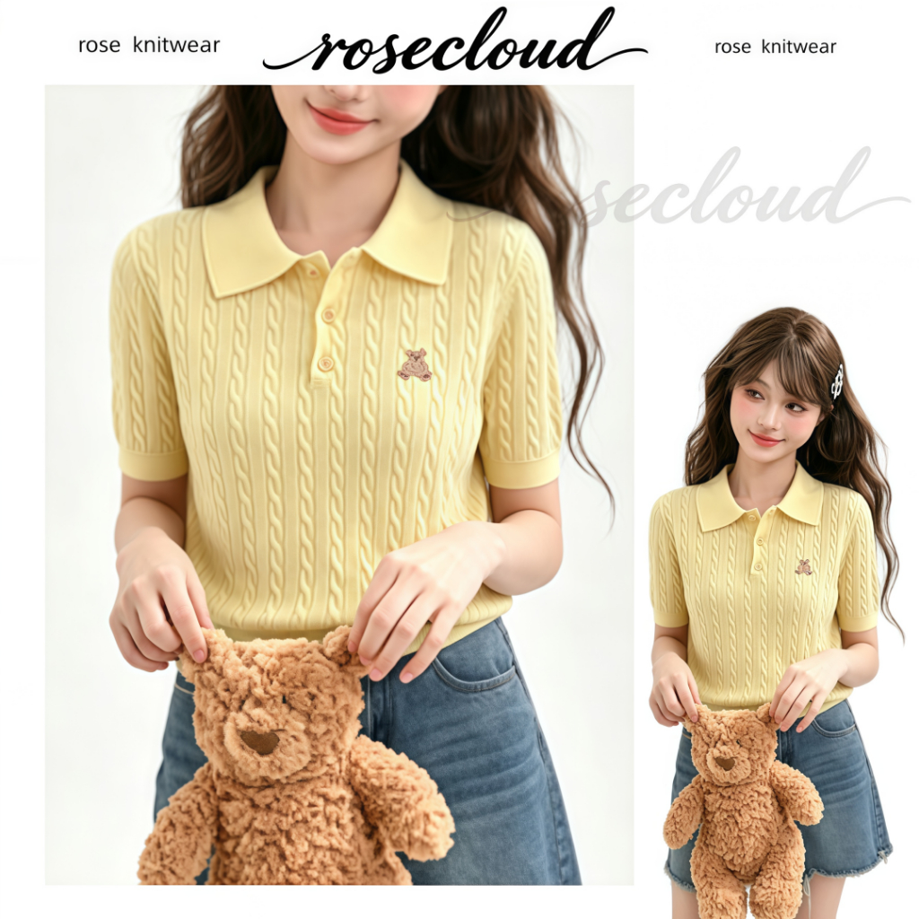 🌟rosecloudเสื้อไหมพรมแขนสั้นผู้หญิงปกปักลายโปโลตุ๊กตาหมี รุ่นเกาหลี สีพื้น ฤดูร้อนใหม่ สไตล์ลำลองจับคู่ได้ทุกชุด15842-