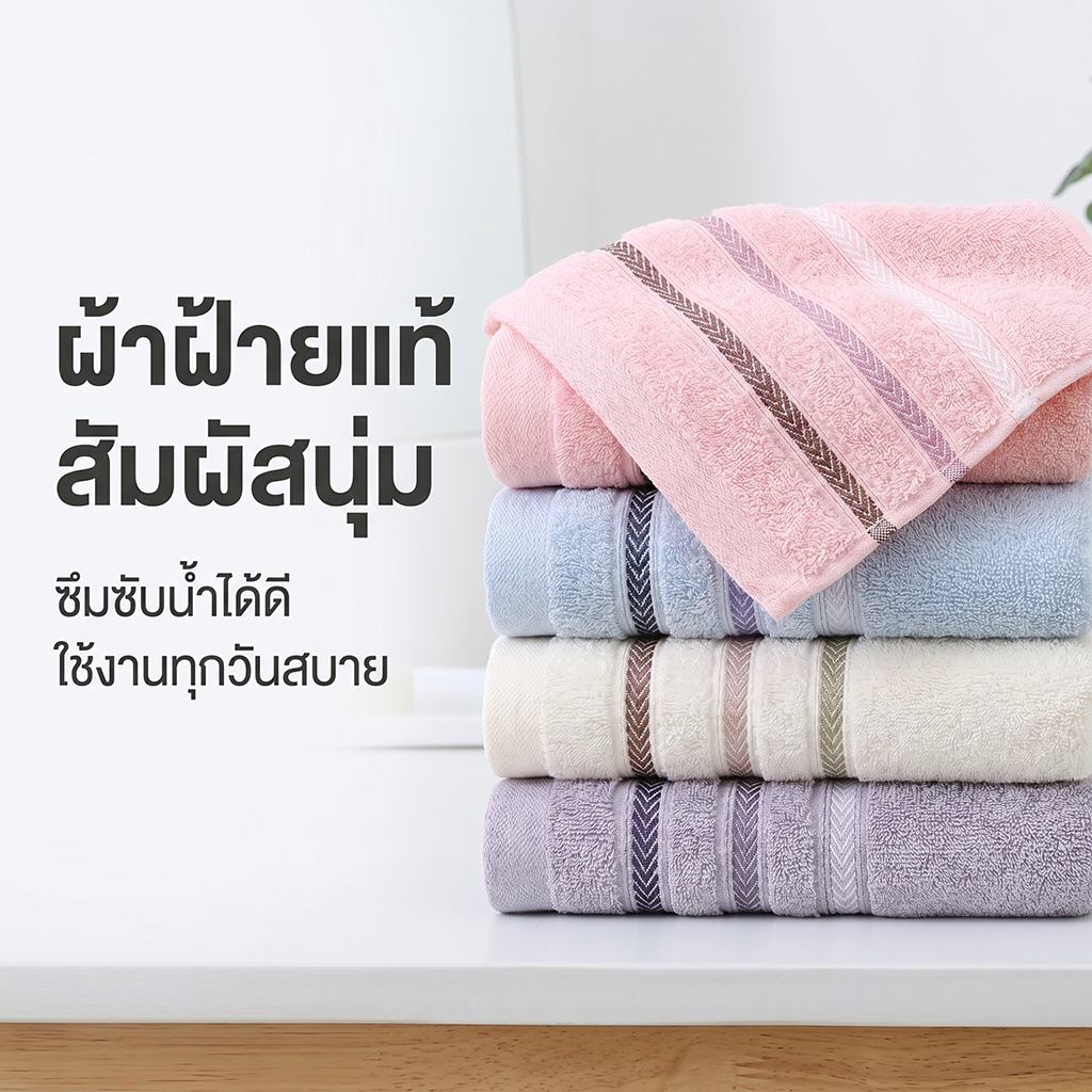 ผ้าเช็ดตัว 33*73cm คอตตอน 100% ซับน้ำดี เนื้อนุ่มไม่เป็นขุย ใช้เช็ดหน้าเช็ดมือได้เลย ราคาประหยัด ใช้ในบ้านเหมาะมาก