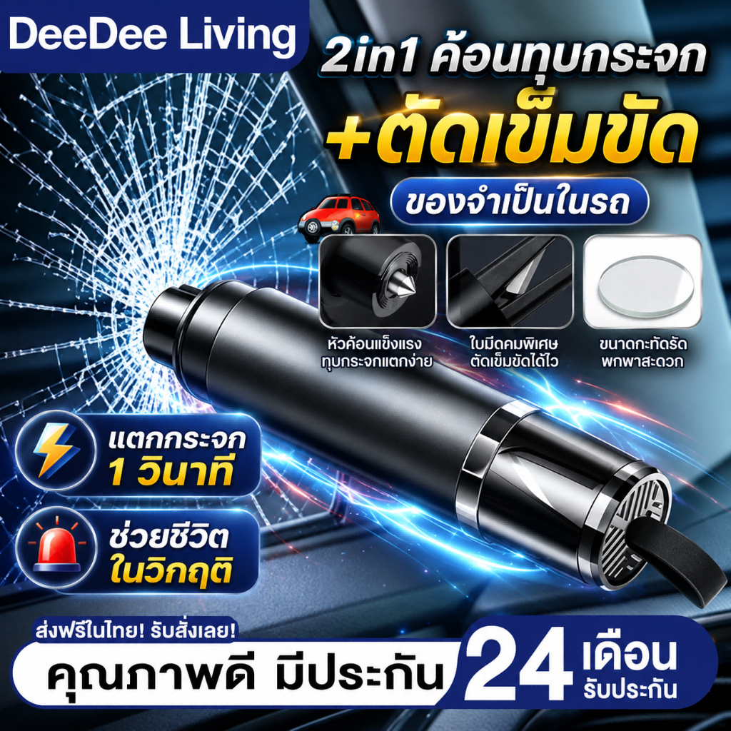 【สินค้ามาใหม่ 2026】DeeDee  ค้อนทุบกระจกรถยนต์ 2-in-1 ตัดสายเข็มขัด ที่ทุบกระจกรถ ฟังชั่นตัดเข็มขัดนิรภัย