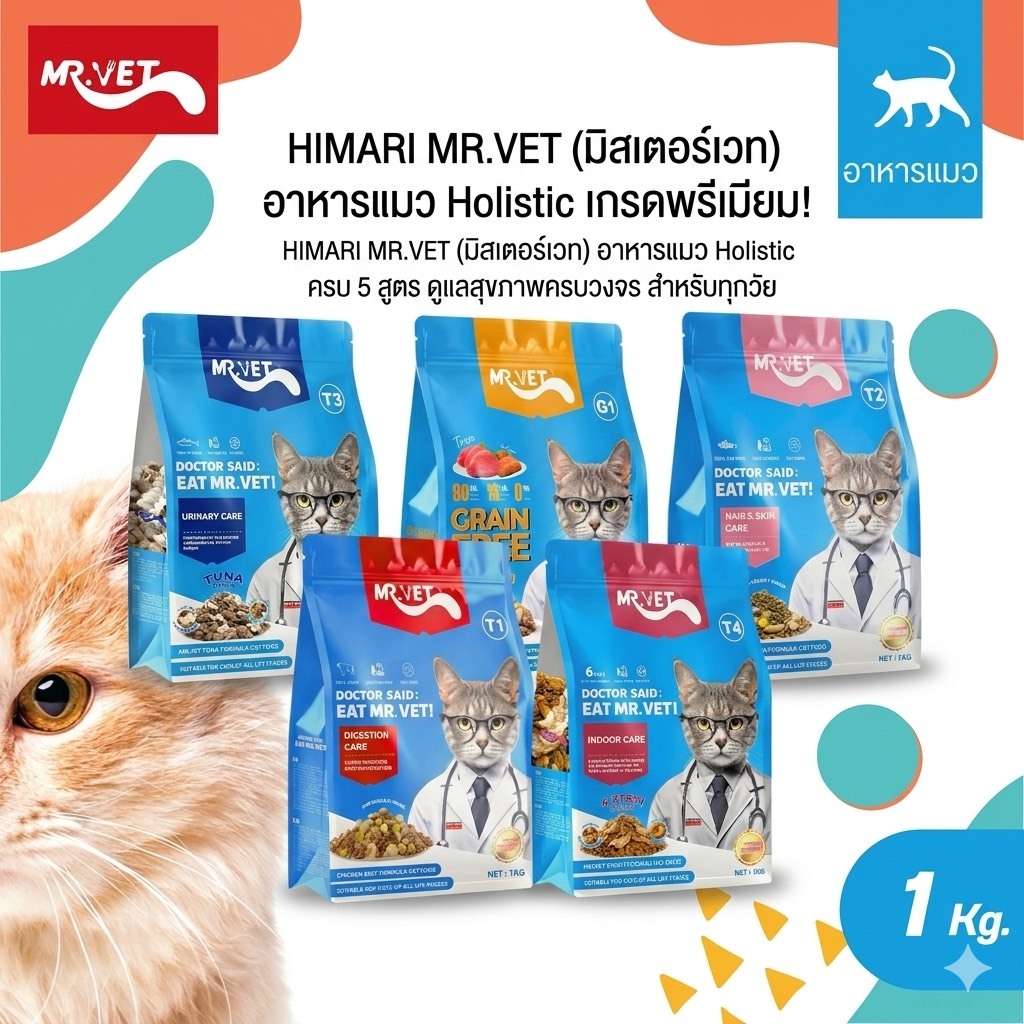 [[ขนาด 1kg ]] อาหารแมว Mr.Vet เกรด Holistic โปรตีนสูง 30% เหมาะสำหรับแมวทุกวัย