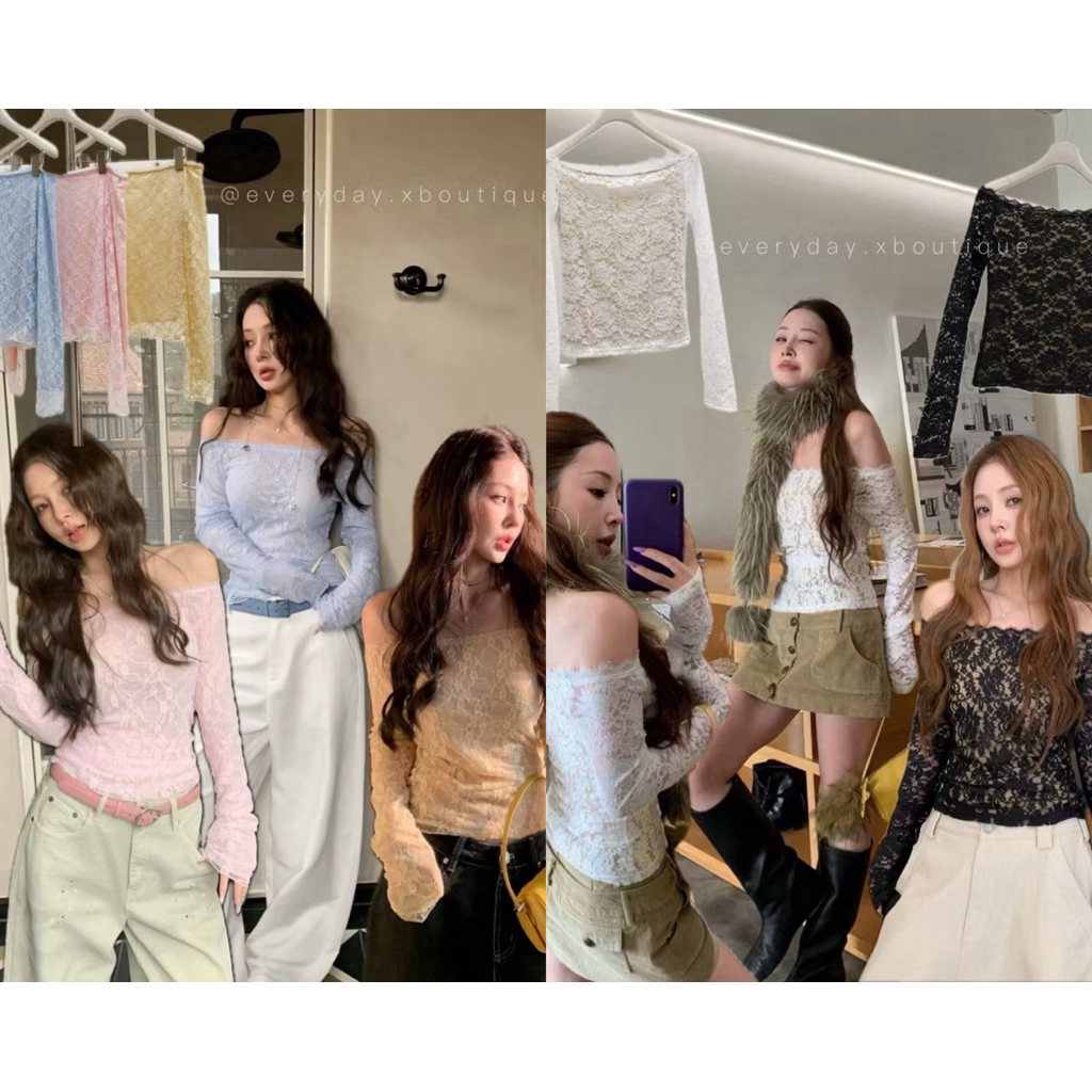 𝗦𝗛𝗘𝗘𝗥 𝗟𝗔𝗖𝗘 𝗕𝗟𝗢𝗨𝗦𝗘☀️🎀🩵onseason เสื้อแขนยาวเปิดไหล่ผ้าลูกไม้ซีทรู 𝗔𝗨𝗥𝗢𝗥𝗔 𝗟𝗔𝗖𝗘 𝗢𝗙𝗙 𝗦𝗛𝗢𝗨𝗟𝗗𝗘𝗥 𝗧𝗢𝗣🤍🖤เสื้อปาดไหล่ผ้าลูกไม้ซับใน