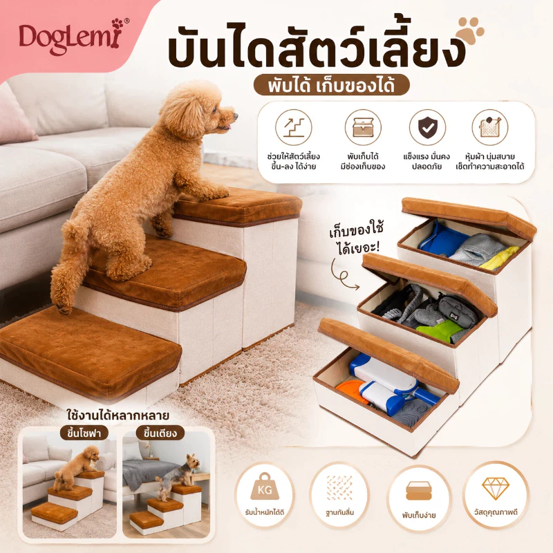 【Doglemi】บันไดสัตว์เลี้ยง พับเก็บได้ มีช่องเก็บของ บันไดขึ้นเตียง/โซฟา สำหรับหมาแมว รับน้ำหนักดี ถอดซักได้