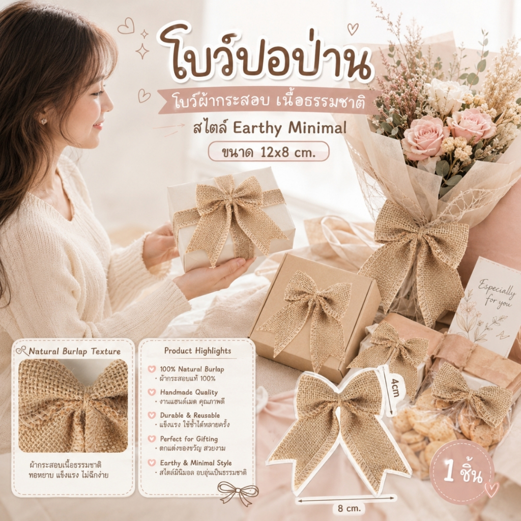 【1 ชิ้น】* โบว์ปอป่าน โบว์ผ้ากระสอบ เนื้อธรรมชาติ สไตล์ Earthy Minimal ขนาด 12x8 cm. [BW-0008]