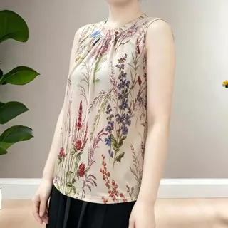 Women's Plus Size Floral Sleeveless Shirt, Casual Round Neck T-Shirt, New Fashionable and Versatile Ice Silk Vest Top