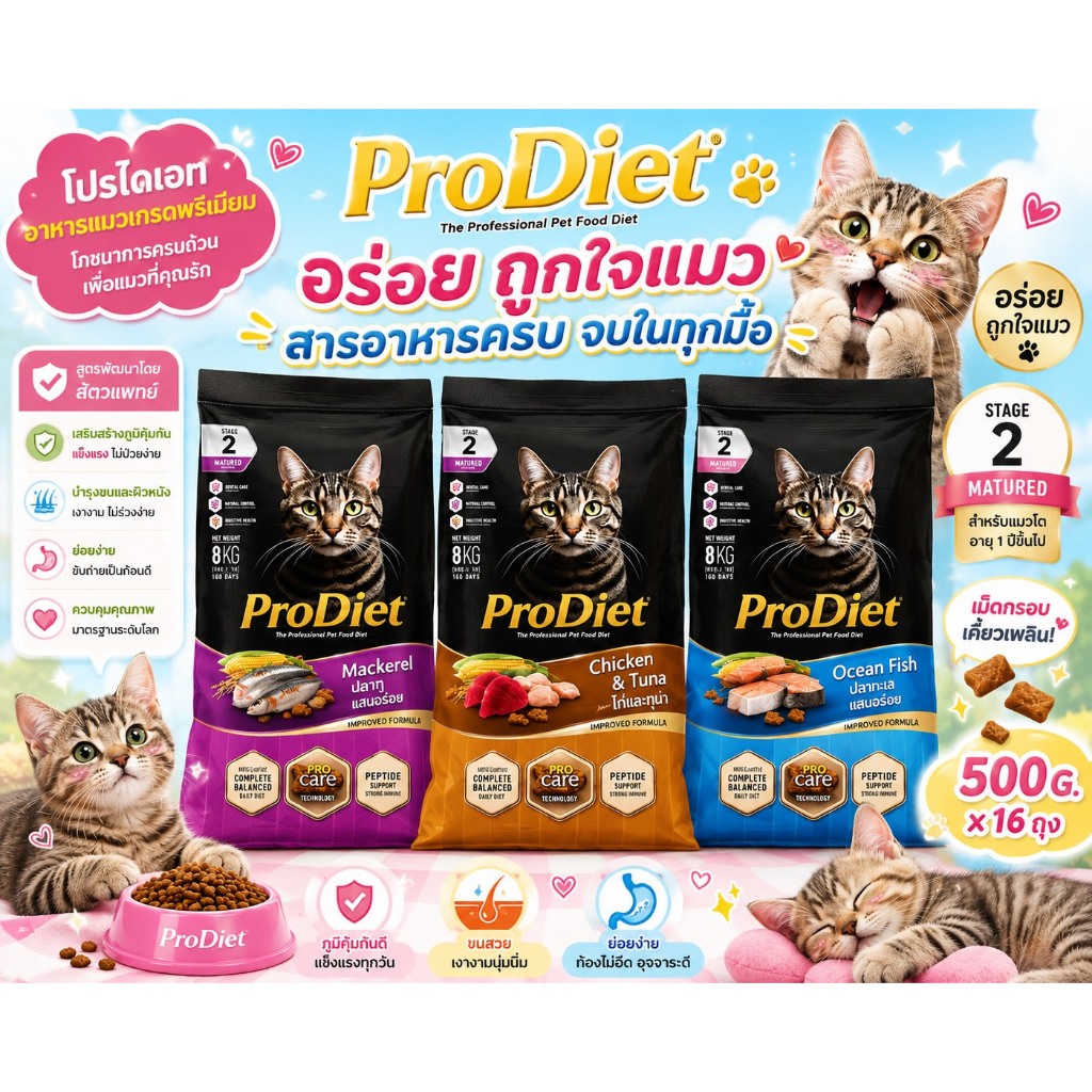 Prodiet อาหารแมว ยกกระสอบ 16 ถุง ( 8 กิโลกรัม ) แถมแมวเลีย 4 แพ็ค อาหารเม็ด อาหารเม็ดแมว โปรไดเอท
