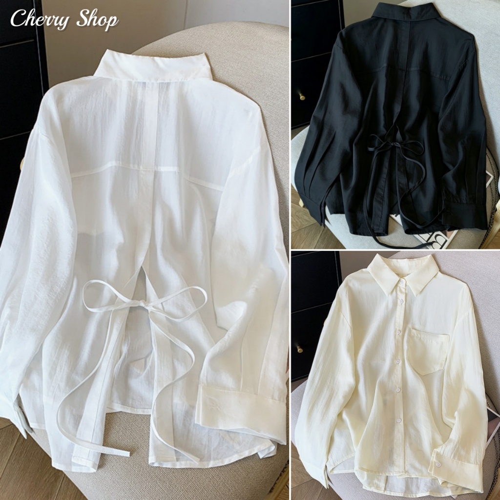 cherryshop พร้อมส่ง เสื้อกันแดดแขนยาวทรงบางสไตล์เกาหลีสำหรับผู้หญิงในฤดูร้อน ดีไซน์ผ่าหลังพร้อมผูก