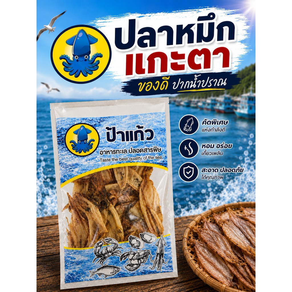 ปลาหมึกแกะตา เนื้อหนานุ่ม ไม่ขม ไม่เค็ม ตากแดดธรรมชาติ จากปากน้ำปราณ