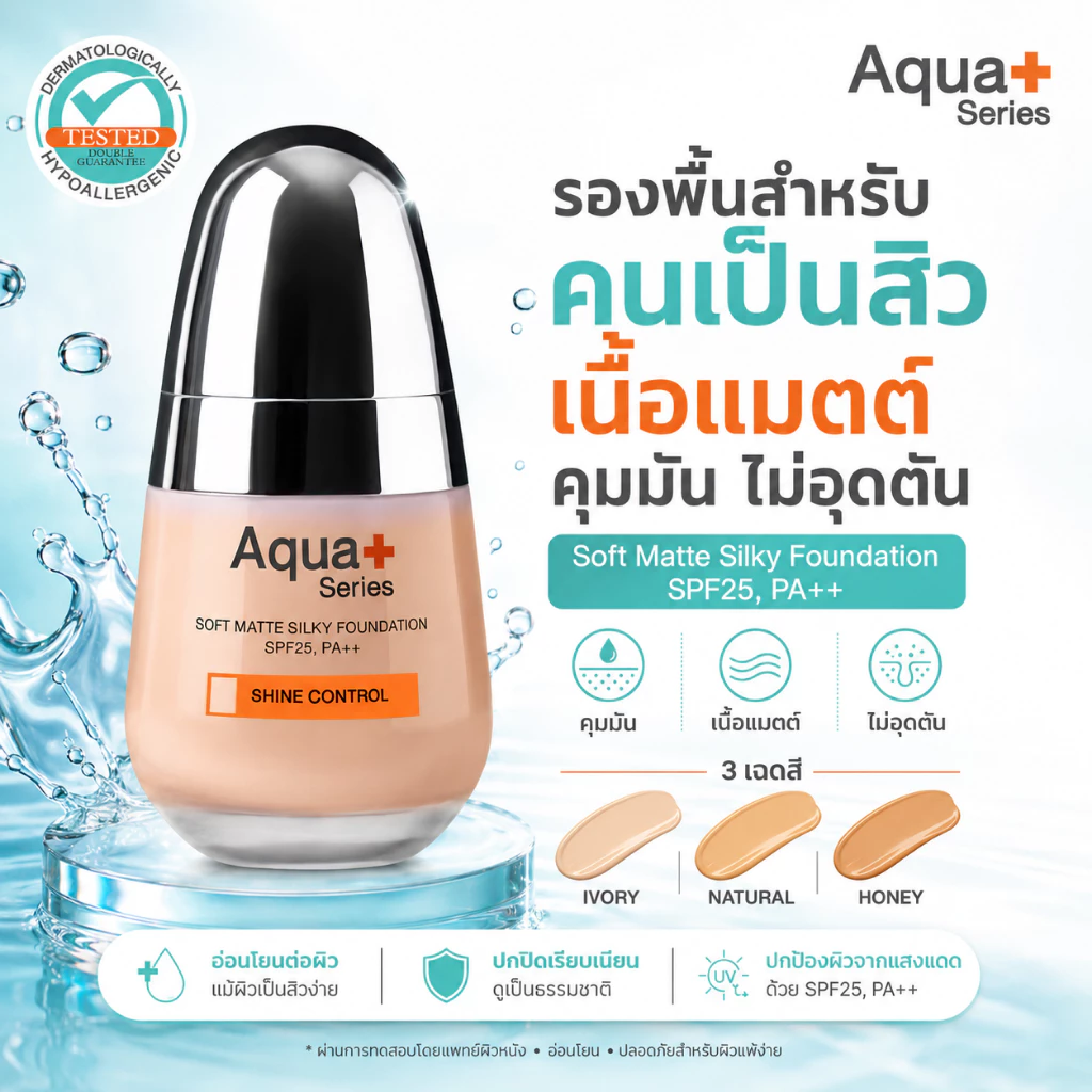 ( รองพื้น สำหรับผิวเป็นสิว ไม่อุดตัน ปกปิดเป็นธรรมชาติ ) Aqua+Series Soft Matte Silky Foundation SPF25, PA++ 30 ml.