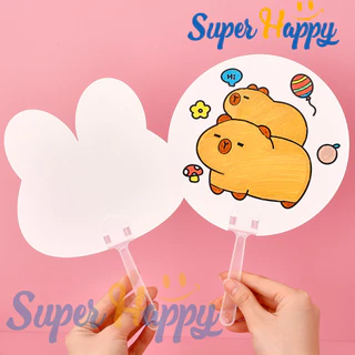 พัดกระดาษด้ามจับสีใส(1 ชุด) ระบายสี DIY พัดวาดภาพเด็ก พัดเปล่าสำหรับเพ้นท์