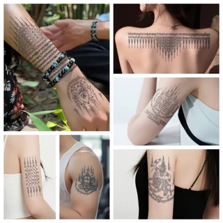 Magic tattoo สติกเกอร์รอยสักชั่วคราวลายอักษรไทย กันน้ำ ติดทนนานถึง 15 วัน ผลิตจากสมุนไพร คัมภีร์นำโชค