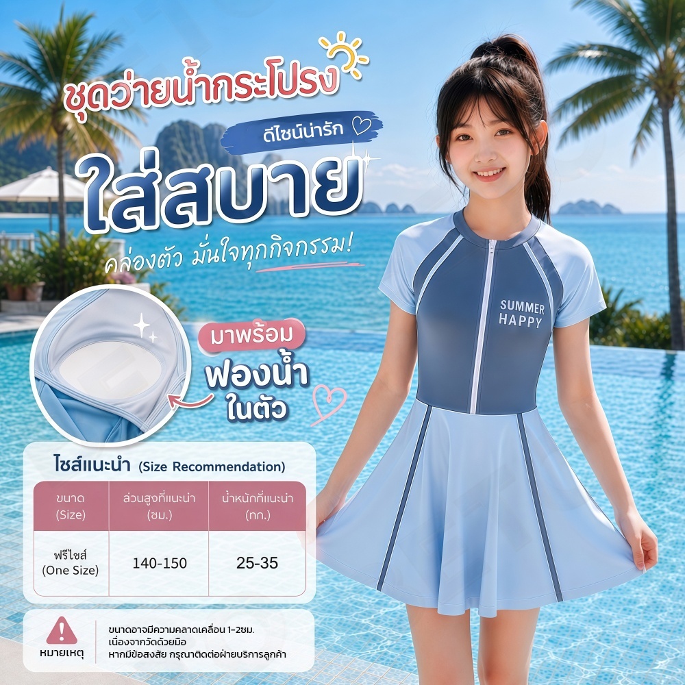 A153-✨New!✨ ชุดว่ายน้ำเด็กโต/วัยรุ่น ทรงกระโปรงแขนสั้น มีซิปหน้า สวมง่าย ใส่เล่นสวนน้ำ/ไปทะเล