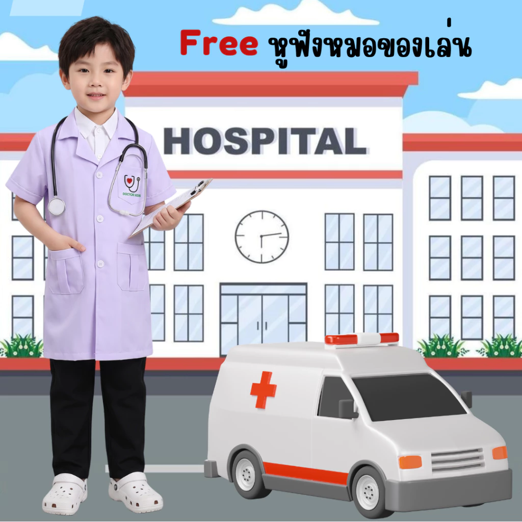 (KIDCITY) เสื้อกาวน์เด็ก แถมหูฟ้งหมอของเล่น เสื้อกาวน์หมอ เสื้อกาวน็เด็กแขนสั้น ชุดอาชีพเด็ก