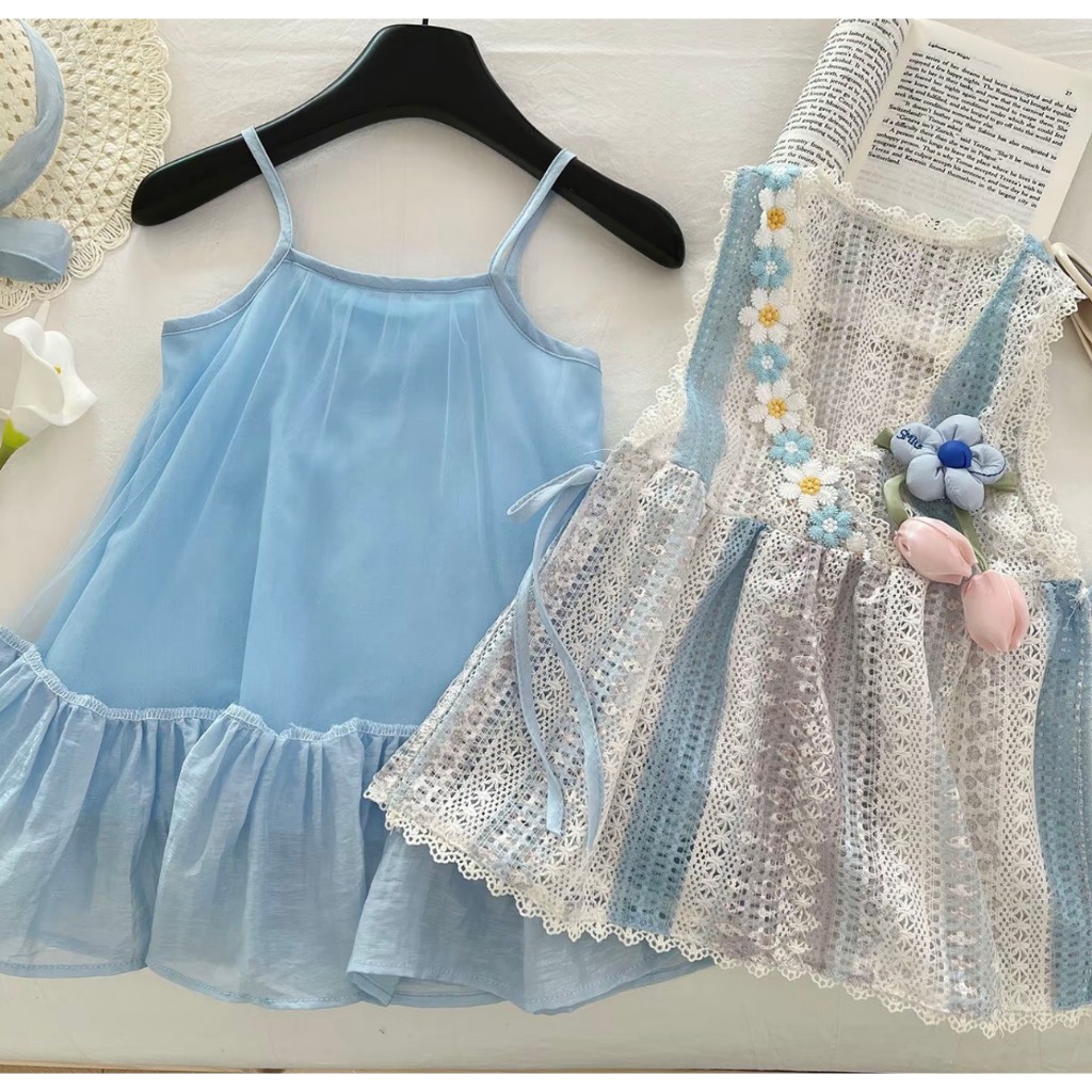 B574 ชุดเดรสเด็กงาน 3 ชิ้น สีฟ้า